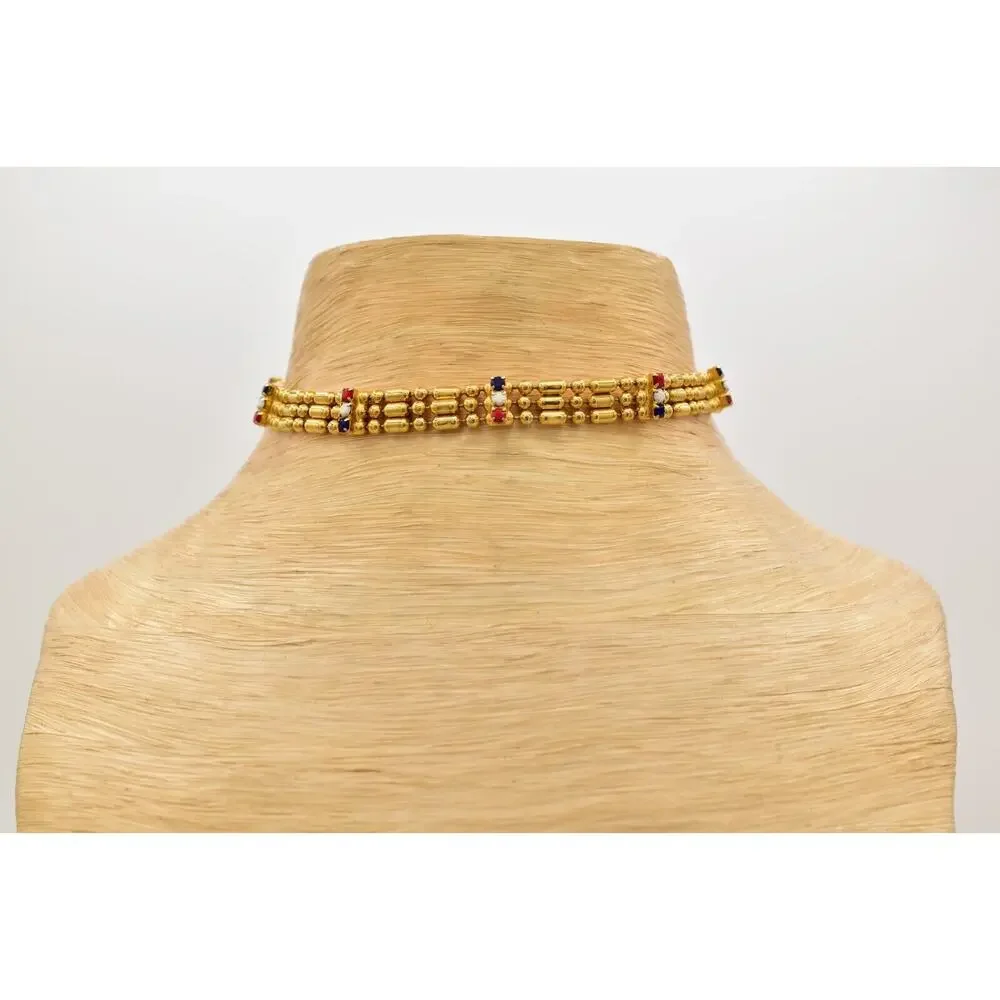 Vintage Choker Necklace Red White Blue Crystal Gold Tone USA Flag 1980s BinA17